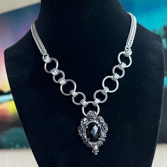 stainless steel necklace double wheat chain onyx stone rose & skull charm - Picture 8 of 13